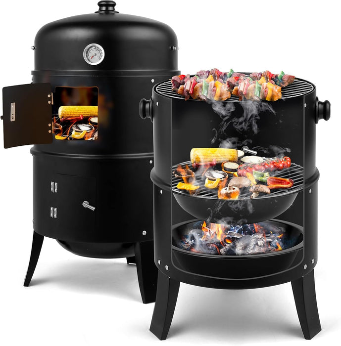 Vertical 17 Inch Steel Charcoal BBQ Smoker, Heavy Duty 3-In-1 Portable Outdoor Grill Cooker with Built-In Thermometer &Adjustable Vent Systems for Outdoor Backyard Cooking Grilling Camping