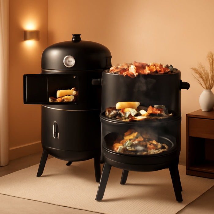 Vertical 17 Inch Steel Charcoal BBQ Smoker, Heavy Duty 3-In-1 Portable Outdoor Grill Cooker with Built-In Thermometer &Adjustable Vent Systems for Outdoor Backyard Cooking Grilling Camping