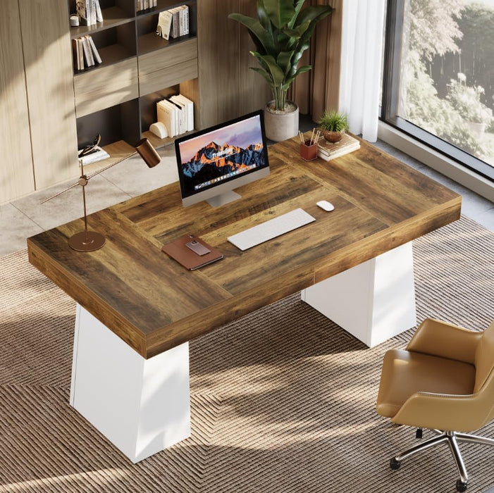 55-Inch Executive Desk, Large Wood Office Computer Desk with Double Pedestal, Modern Minimalist Workstations Writing Table Conference Table Furniture for Home Office, Brown&White