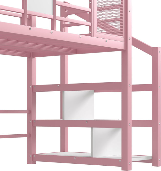 Bright Pink TwinSize Metal LoftBed With SafetyGuardrail