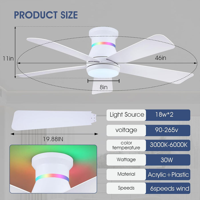 46" White Ceiling Fans with RGB Lights - Flush Mount Ceiling Fan Light with LED 3CCT Dimmable, Modern Low Profile Ceiling Fans for Indoor Party,Covered Outdoor