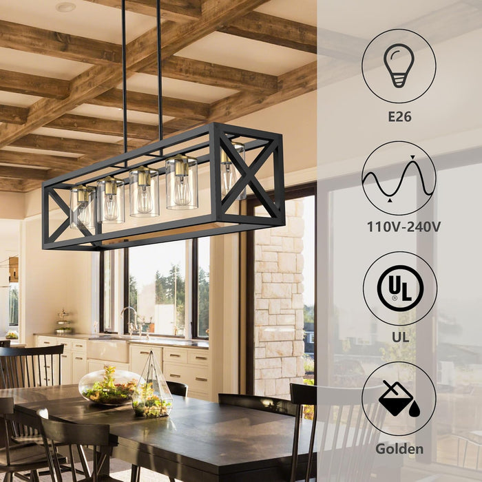 Black Gold Five Light Rectangular Dining Chandelier