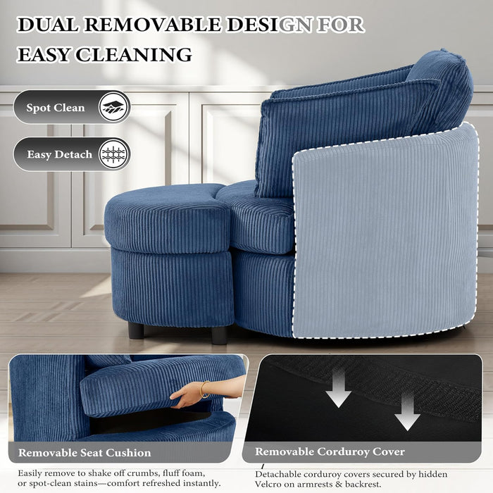 Swivel Accent Chair,Comfy Reading Chairs for Bedroom,Modern Corduroy Arm Chair with Ottoman,360°Swivel Barrel Chairs for Living Room,Apartment (Blue, 1)