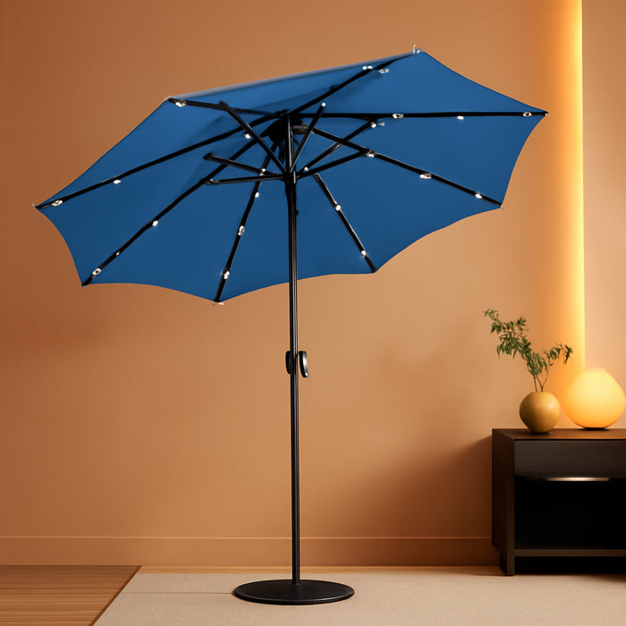 9' round Patio Umbrella with 32 Solar Powered LED Lights, Push-Button Tilt and Hand Crank Lift, Solar Umbrella in Teal for Porch, Deck, and Patio by