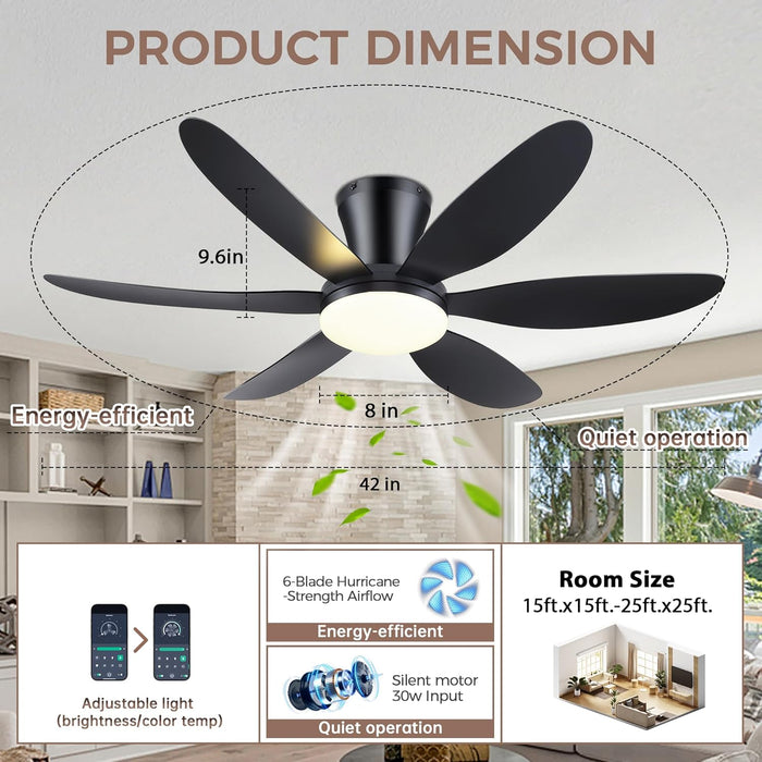 Ceiling Fans with Lights,42" Low Profile Ceiling Fan with Light and Remote Control,Flush Mount, Reversible, Dimmable, Noiseless, Black Ceiling Fan for Bedroom