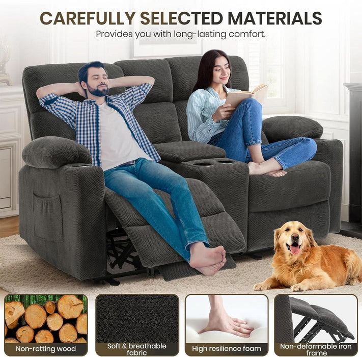 Power Reclining Loveseat with Console, Power Loveseat Recliner Sofa with Heat and Massage, Extended Footrest, Wall Hugger Recliners with Cup Holders, Lumbar Support for Living Room