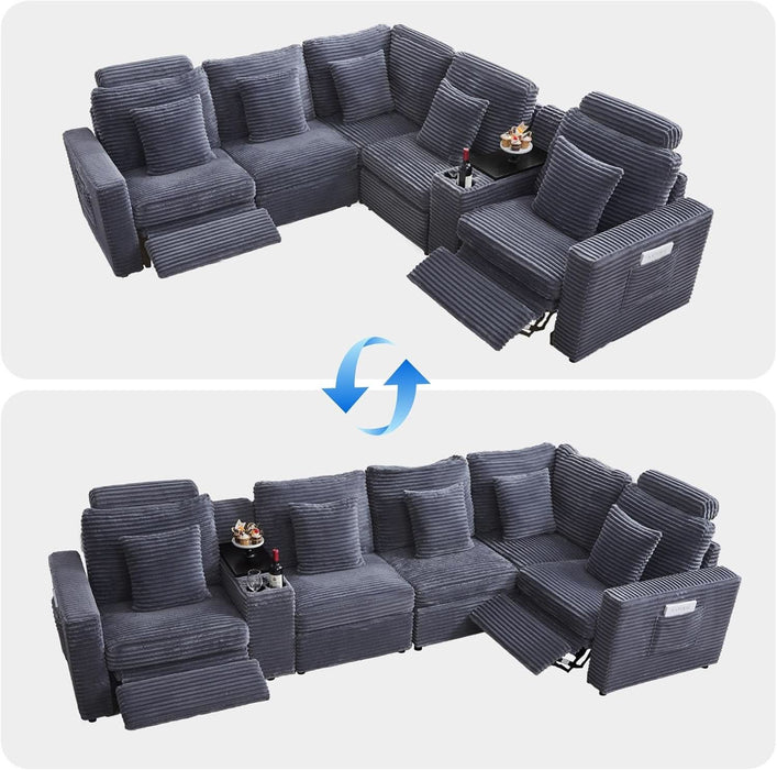 Oversized Modular Sectional Sofa with 2 Power Recliner, 5-Seater L-Shaped Corduroy Reclining Couch with Storage Console Charging Cup Holders, Fluffy Reclining Couches for Living Room,Grey
