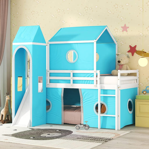 Blue SolidWood Twin Loft Bed With SlideUnderbedCurtains