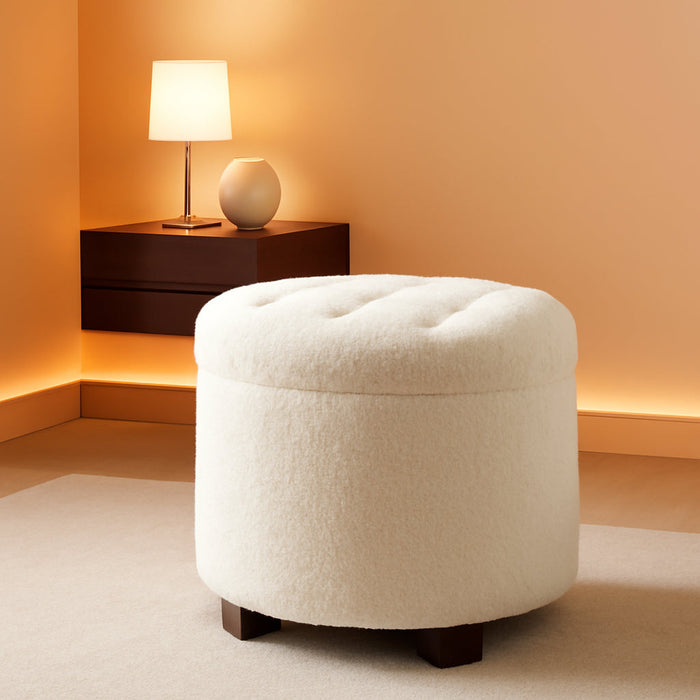 Decor round Ottoman with Storage, round Vanity Chair Stool Ottoman Pouf with Storage for Living Room and Bedroom, Boucle White