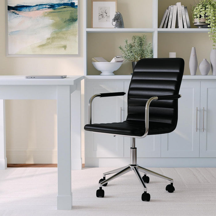 Taytum Swivel Task Chair with Armrests for Home Office in Black Faux Leather with Polished Nickel Frame