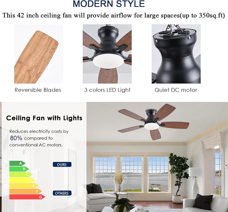 Ceiling Fans with Lights, 42 Inch Low Profile Ceiling Fan with Light and Remote Control, Flush Mount, DC Reversible Motor, Noiseless, Brown 6 Speeds Ceiling Fan for Bedroom