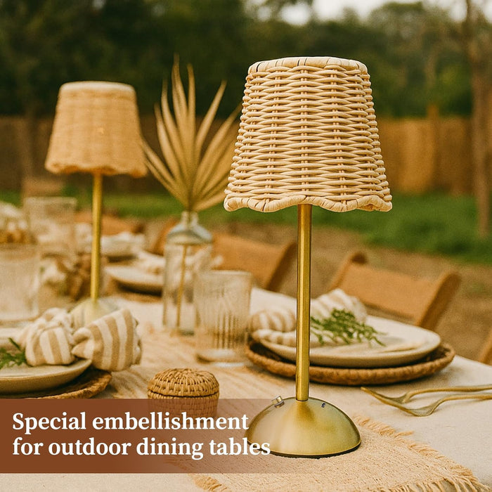 12 Inch Rattan Cordless Table Lamp, without Bow, Gold, 4 Pack