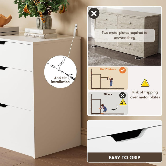 Dresser for Bedroom, 47.2" Modern Wood Chest with 6 Drawers, White
