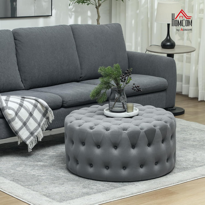 31.5" round Ottoman, Large Velvet-Feel Upholstered Foot Stool with Button Tufted Design and Padded Seat for Living Room, Entryway, Dark Gray
