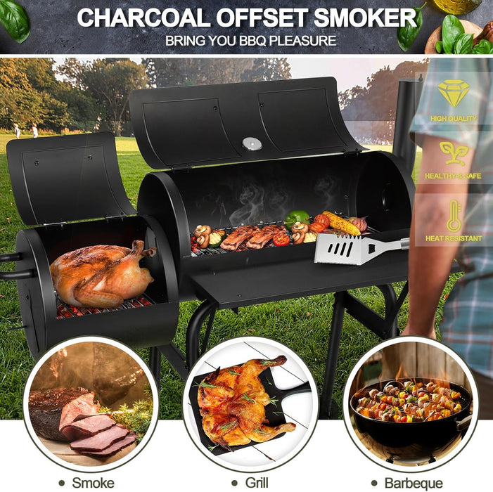 Barrel Charcoal Grill with Offset Smoker(420.Sq.In),  Large Outdoor BBQ Grills with Chimney Starter Set for Grilling, Smoking, Roasting, with Thermometer & Front Table, 6 S-Hooks & Clamp