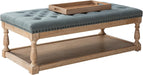 Rectangle Ottoman Coffee Table with Tray, Tufted Living Room Ottoman with Solid Wood Storage Shelf, Blue