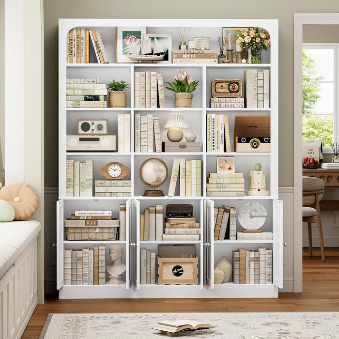 70.9" Bookcase Tall Bookshelf with Doors, Triple Wide Bookshelves | White Large Bookshelf with 10 Display Shelves, 6-Tier Tall Bookcases with Storage Cabinet, Adjustable Shelf, for Living Room