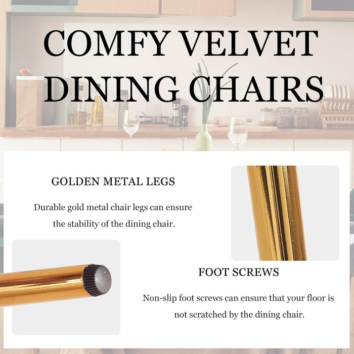 Velvet Dining Chairs Set of 2, Modern Dining Room Chairs with Gold Metal Legs, Upholstered Kitchen Armless Chairs,Comfy Vanity Chairs for Living Room -White
