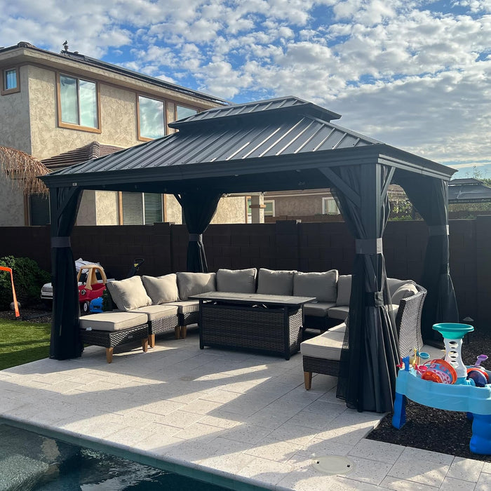 10' X 13' Hardtop Gazebo Aluminum Permanent Gazebo with Galvanized Steel Double Roof for Patio Lawn and Garden, Curtains and Netting Included, Grey