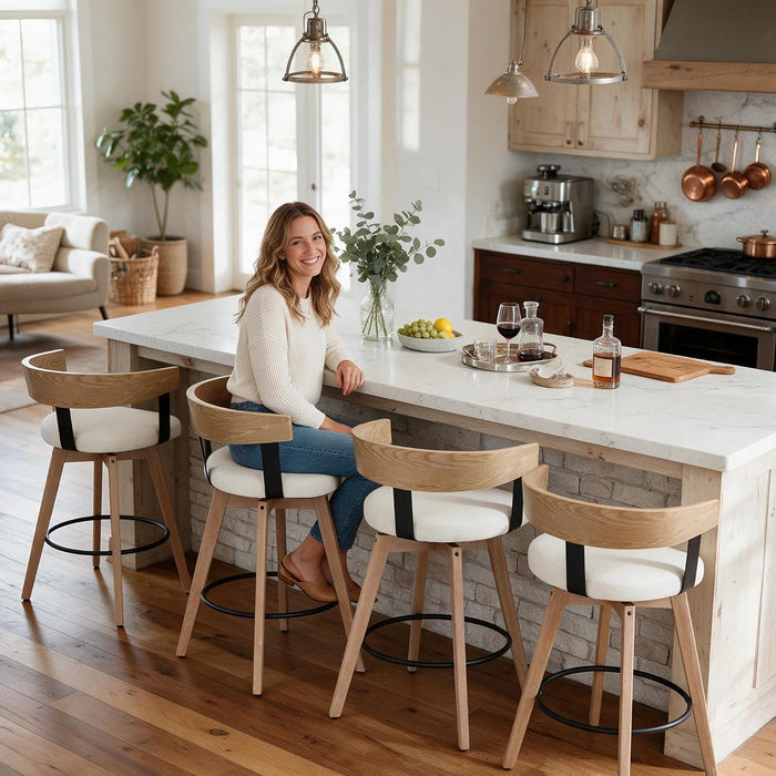 Swivel Bar Stools Set of 4-26" Counter Height Bar Stool with Footrest - Modern Wood Barstools with Linen Upholstered Seat - 360-Degree Swivel Stool for Kitchen Island Home Bar - White