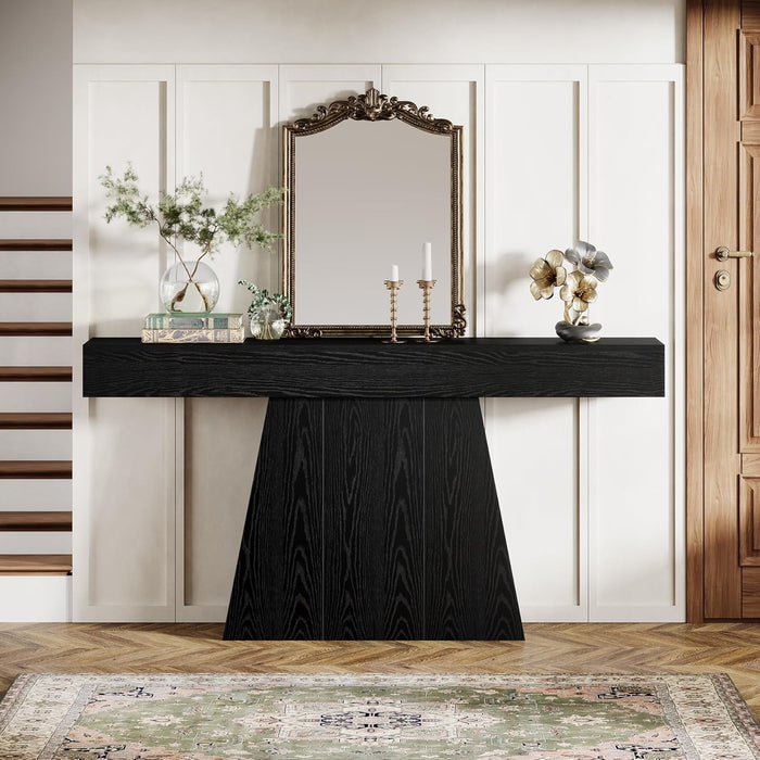 63" Black Console Table, Farmhouse Entryway Table with Trapezoidal Base, Narrow Long Wood Sofa Table behind Couch Table for Entrance, Hallway, Living Room, Black