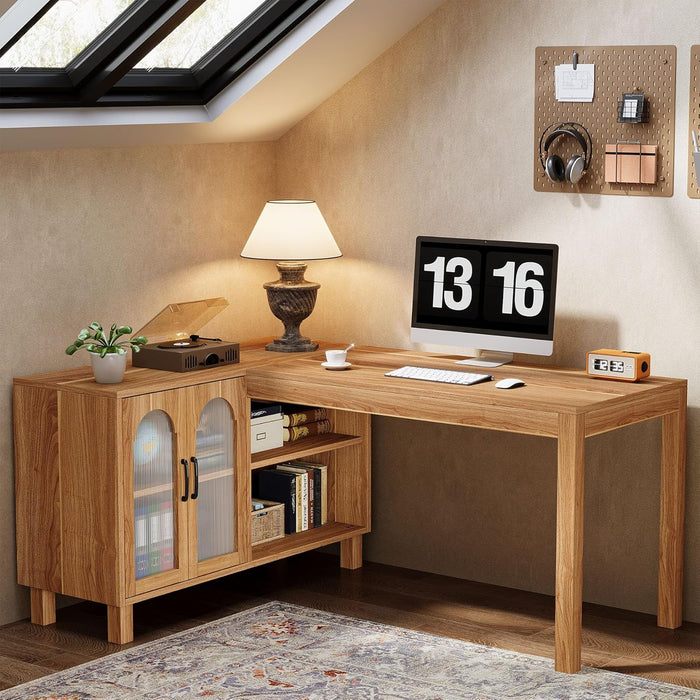 L-Shaped Desk with File Cabinet, 59-Inch Executive Office Desk with Storage Shelves, Wooden Study Writing Desk Farmhouse Corner Computer Desk for Home Office, Rustic Brown