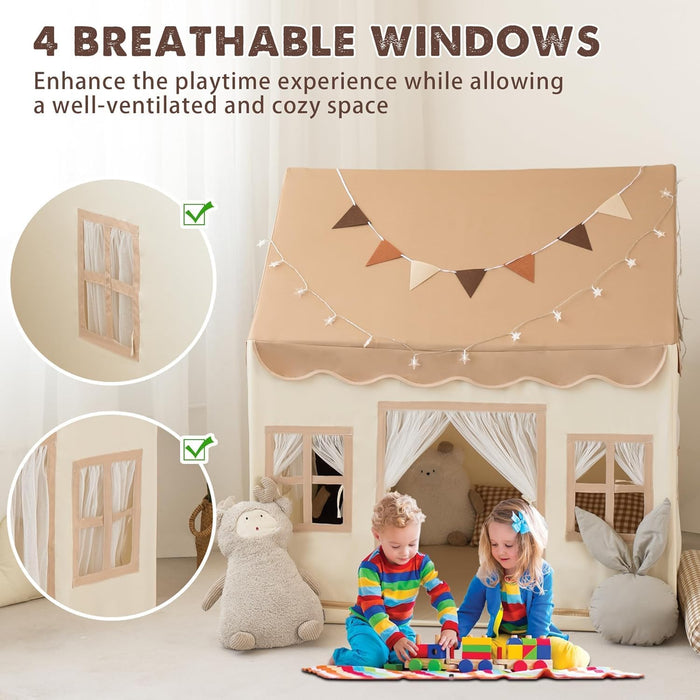 Kids Tent with Padded Mat Playhouse with Large Space for Toddlers Indoor Kids Play Tent for Girls Boys with Stars Lights, Carry Bag, Banner Flag (Brown)