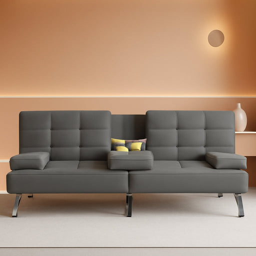 Futon Sofa Bed Modern Folding Futon Set PU Leather Convertible Recliner Lounge for Living Room with 2 Cup Holders, Removable Armrests (PU Leather, Grey)