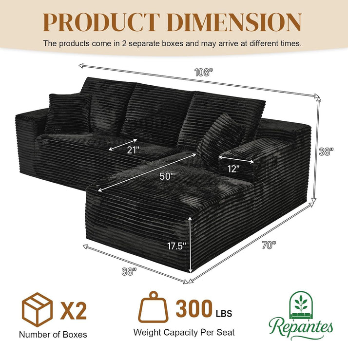 108Inch Corduroy Left Facing Sectional Sofa Charcoal
