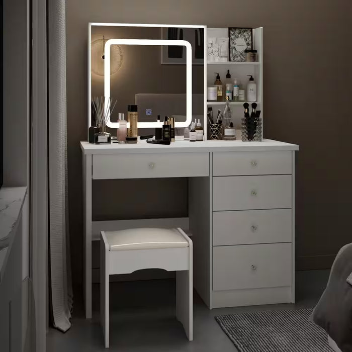 5-Drawers White Makeup Vanity Sets Dressing Table Sets with LED Dimmable Mirror, Stool and 3-Tier Storage Shelves