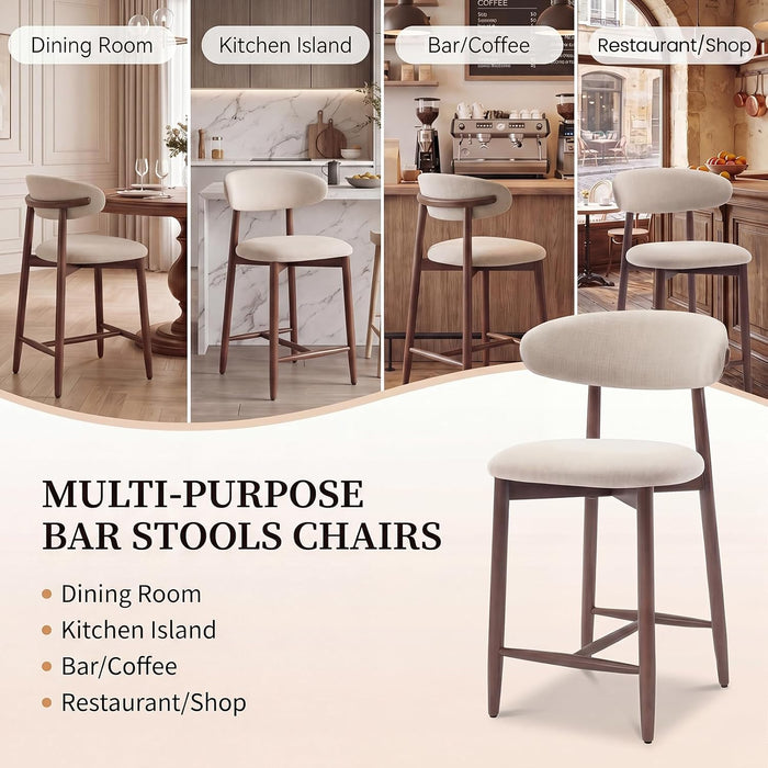 Counter Height Bar Stools Set of 3, Kitchen Bar Stools with Back, Mid Century Modern Upholstered Barstools with Wood Legs for Kitchen Island Dining Room, Beige