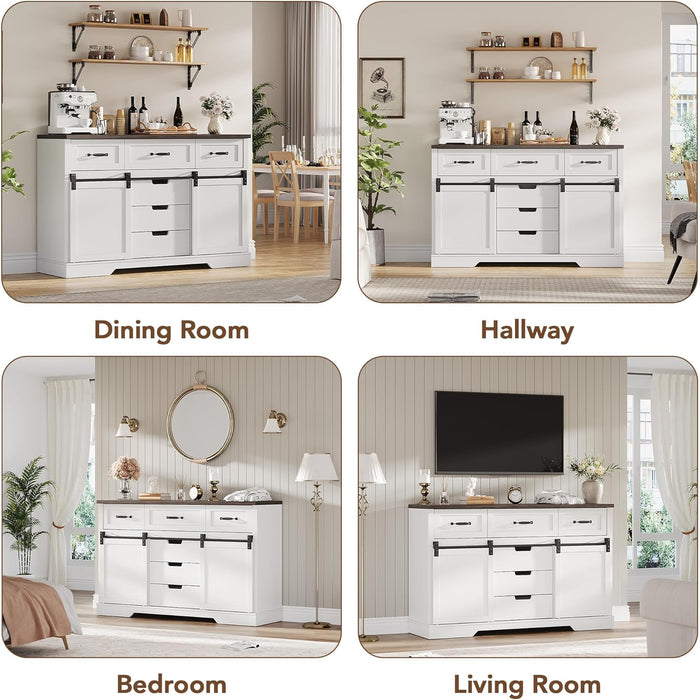 47.2 in Farmhouse Buffet Cabinet, Sideboard Cabinet with 6 Drawers, White Coffee Bar with Sliding Barn Doors for Dinning Room, Kitchen, Living Room