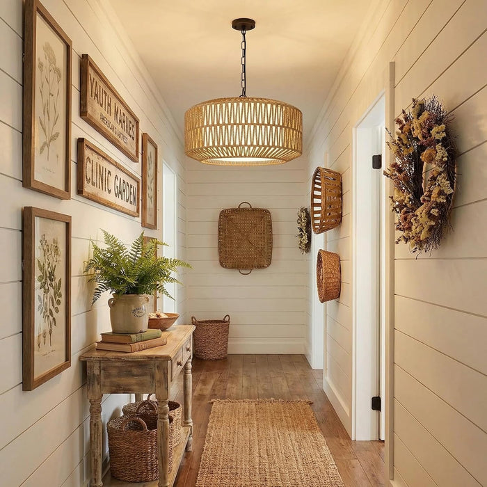 Five Light Rattan Farmhouse Chandelier Linen Shade