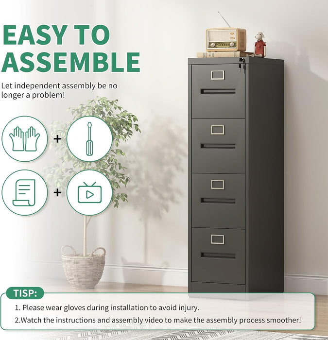 4 Drawer File Cabinet, Vertical File Cabinets with Lock for Home Office,Heavy Duty Office Steel Filing Cabinet for Hanging Letters/Legal/A4, Assembly Required (Black)