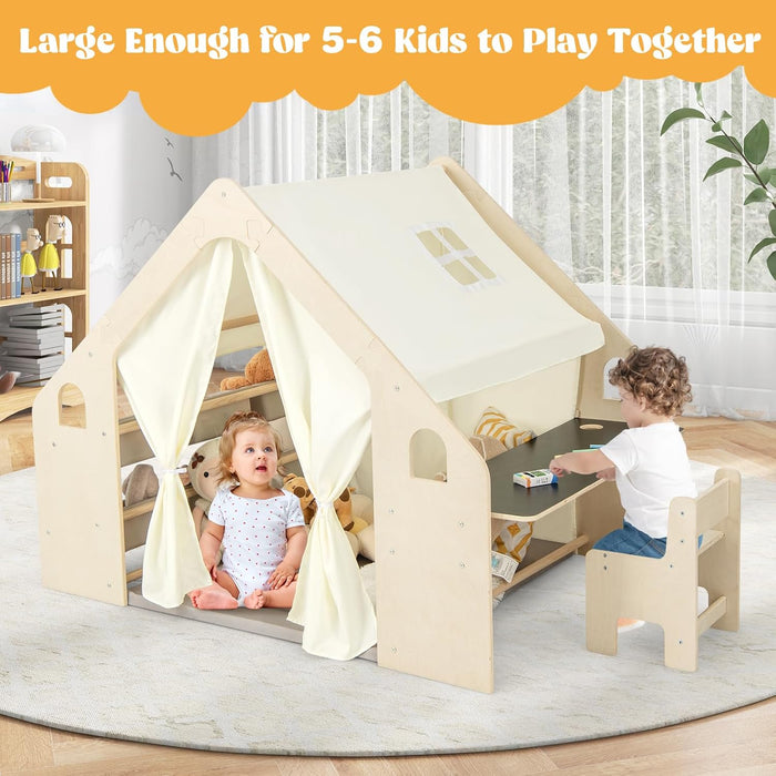 Large Kids Tent, 6-In-1 Wooden Frame Play House with Table and Chair Set, Blackboard, 6 Storage Bins & Soft Floor Mat, Indoor Playhouse for Boys Girls Aged 2-6 Years Old