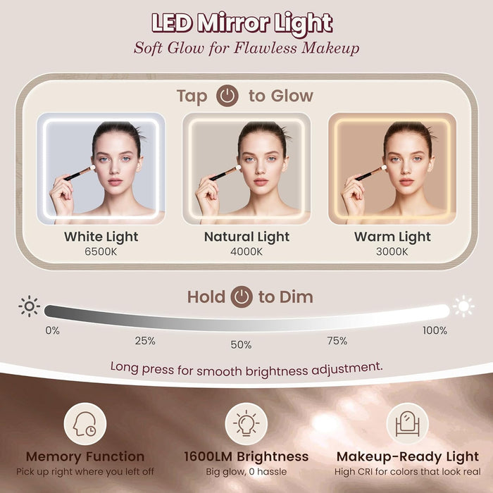 53 Inch Makeup Vanity Desk with Large Mirror and Lights, Vanity Table with Power Outlets and USB-C Port, Glass Top, 4 Divided Drawer Storage, Big Vanity with Cabinet, Adjustable Shelves, White