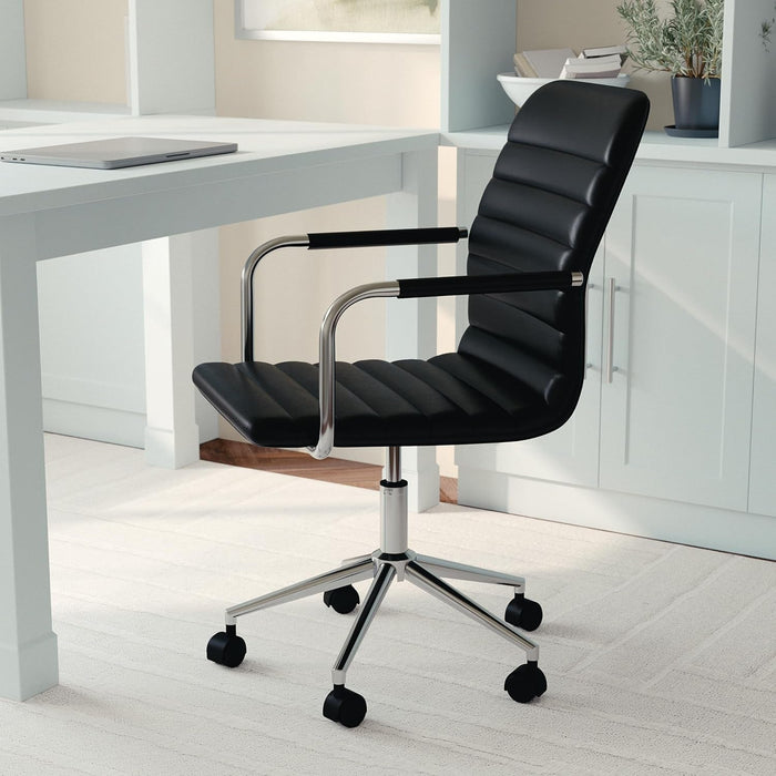 Taytum Swivel Task Chair with Armrests for Home Office in Black Faux Leather with Polished Nickel Frame
