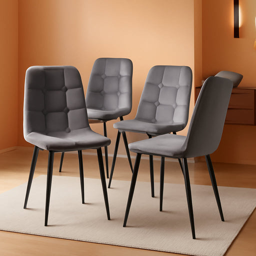 Grey Velvet Dinner Chairs Set of 4, Modern Armless Dining Side Chairs with Metal Legs for Kitchen Living Room Vanity