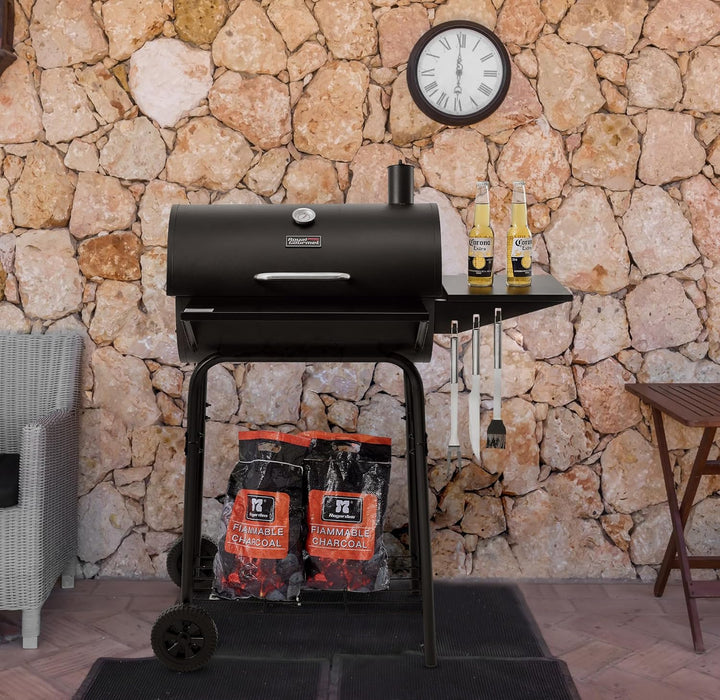 CC1624 Barrel Charcoal Grill, Large Charcoal Grill with Side & Front Shelves, 426 Sq. In. Cooking Grid, Sturdy Side Shelf with Hooks, for Outdoor Backyard and Picnics, Black