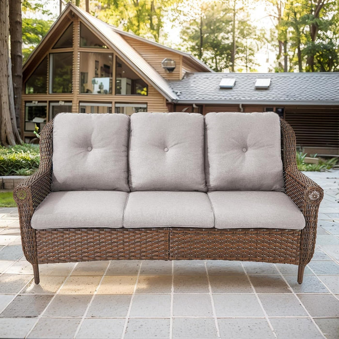 Patio Furniture Set 3PCS Conversation Set Wicker Sofa with 2 Rattan Ottomans Brown Wicker Beige Cushions Chrysanthemum Armest Rattan Couch Set for Garden Balcony Backyard Sunroom