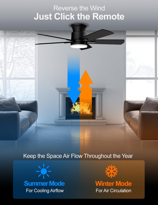 Flush Mount Ceiling Fans with Lights 42 Inch, Remote Control, 3CCT Dimmable, 6 Speeds, Noiseless Reversible DC Motor, Low Profile Hugger Black Ceiling Fan for Living Room, Patio, Indoor/Outdoor, ETL