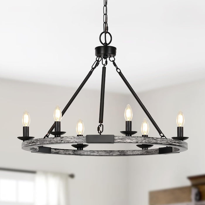 Farmhouse Chandelier, 6-Light Wagon Wheel Chandelier with Adjustable Height, Dining Room Light Fixture, Hanging Lights for Kitchen Island, Living Room, Bedroom, Entryway, E12 Base