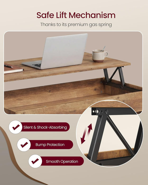 Lift Top Coffee Table, Lift Tabletop Dining Table, Gas Spring, Hidden Compartment, Open Storage Shelf, for Living Room, Home Office, Honey Brown ULCT268KB01S