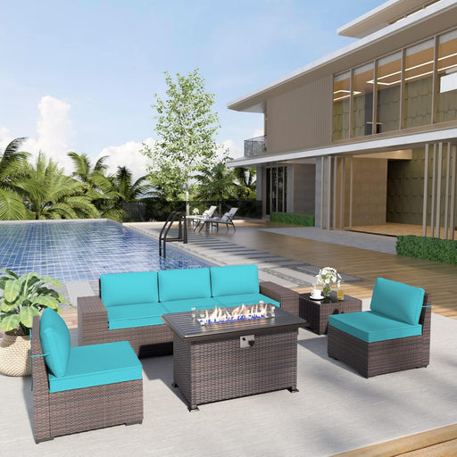 7 Pieces Patio Furniture Set, Rattan Outdoor Conversation Sets W/43In Propane Fire Pit Table and 4 Inch Cushion(Blue)
