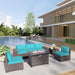 7 Pieces Patio Furniture Set, Rattan Outdoor Conversation Sets W/43In Propane Fire Pit Table and 4 Inch Cushion(Blue)