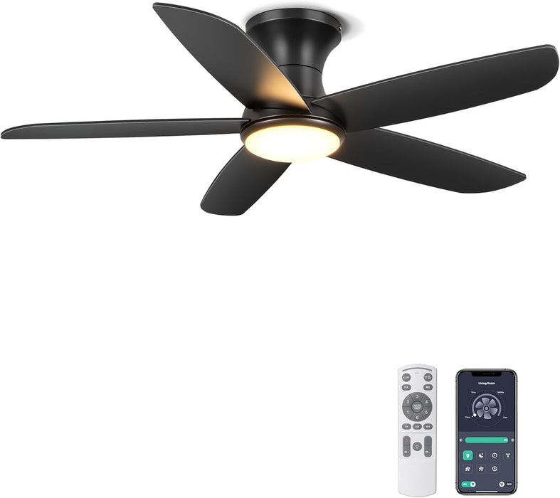 Ceiling Fan with Lights, 46" Flush Mount Ceiling Fans Remote/App Control - Dimmable, Quiet DC Motor, Indoor Ceiling Fans for Bedroom Kitchen, Black