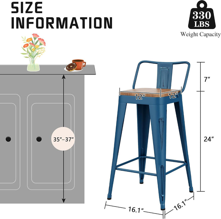 24" Metal Bar Stools Set of 4 Counter Height Barstools, Industrial Counter Stool Kitchen Bar Chairs with Modern Wooden Seat, Distressed Navy