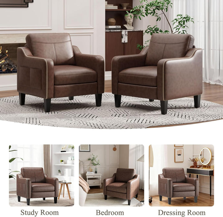 Mid-Century Modern PU Leather Accent Chair Set of 2, Chocolate Brown with Removable Cushions