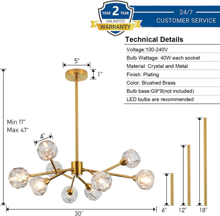Sputnik Chandeliers for Dining Room Light Fixture over Table, Modern Crystal Chandeliers, 9 Lights Gold Lighting Fixtures for Living Room Bedroom Kitchen Island