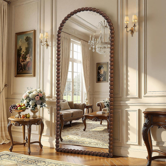 71" X 28" Arched Full Length Mirror, Antique Beaded Frame Floor Standing or Wall Mounted Mirror with Stand for Bedroom, Entryway, Brown, Luxury Style